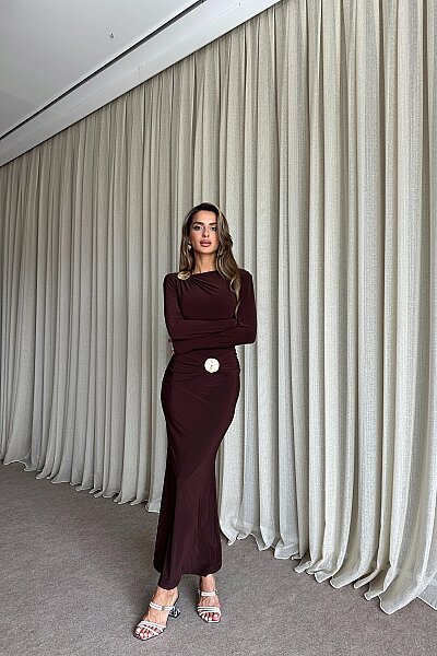 Aksesuar Detaylı Sandy Uzun Elbise - Kahve - 2