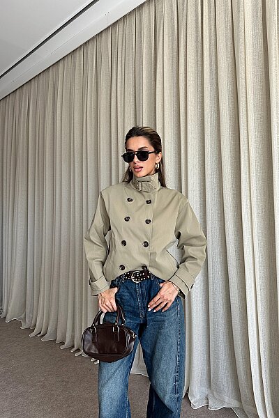 Dik Yaka Düğme Detaylı Trençkot - Haki - MAT Collection