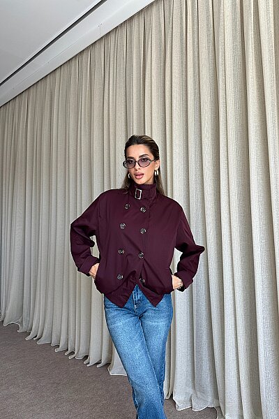 Dik Yaka Düğme Detaylı Trençkot - Mürdüm - MAT Collection