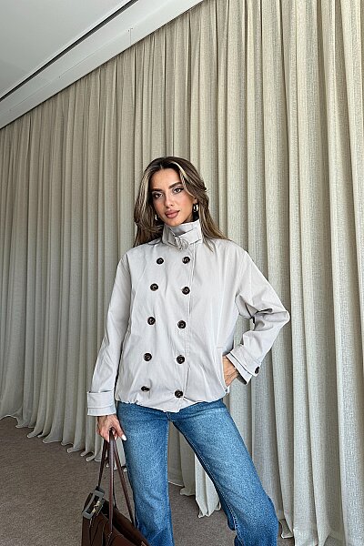 Dik Yaka Düğme Detaylı Trençkot - Taş - MAT Collection