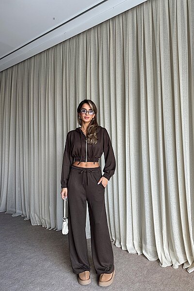 Kapüşonlu Crop Modal Eşofman Takımı - Kahve - MAT Collection