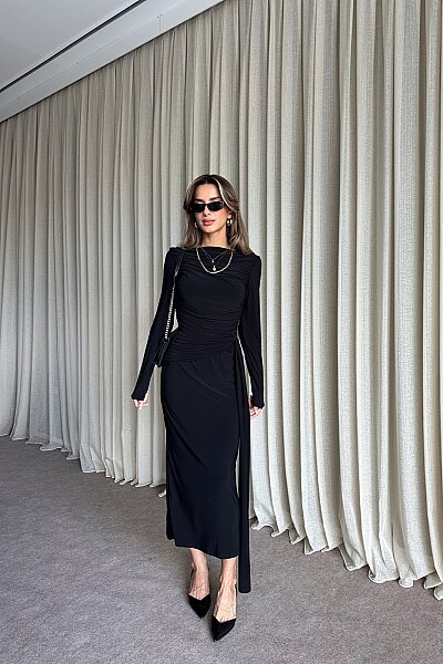 Kuşak Detaylı Sandy Uzun Elbise - Siyah - MAT Collection