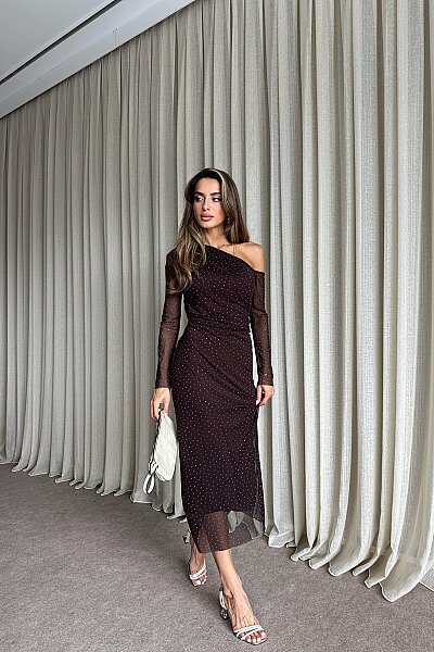 Tek Omuz Astarlı Taş Detaylı Elbise - Kahve - MAT Collection