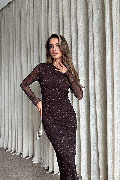 Tek Omuz Astarlı Taş Detaylı Elbise - Kahve - 4
