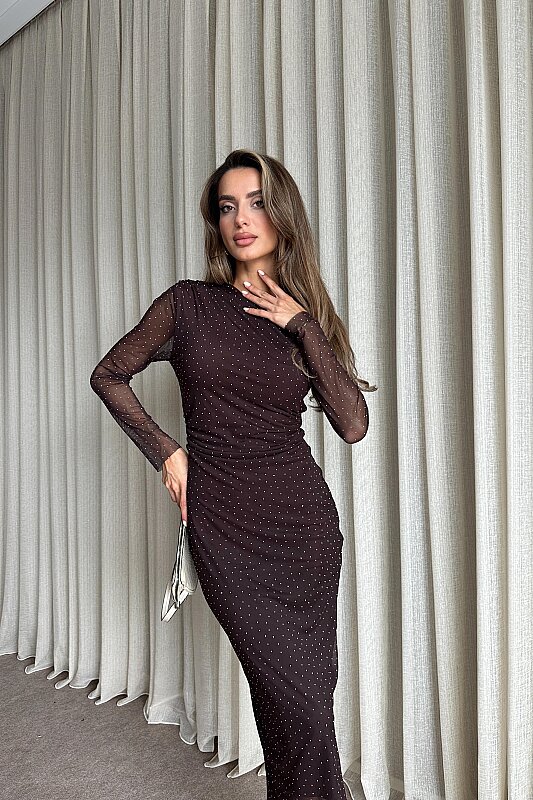 Tek Omuz Astarlı Taş Detaylı Elbise - Kahve - 4