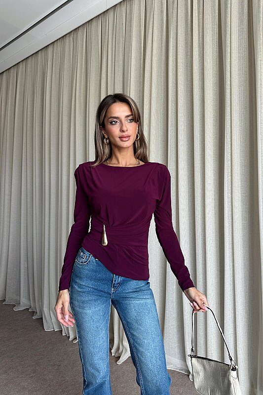 Vatkalı Aksesuar Detaylı Uzun Kollu Bluz - Mürdüm - 1