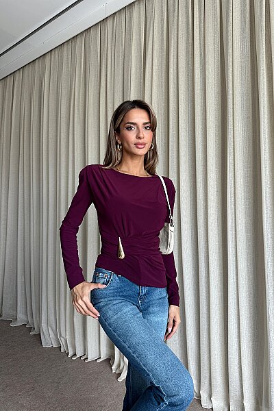Vatkalı Aksesuar Detaylı Uzun Kollu Bluz - Mürdüm - 3