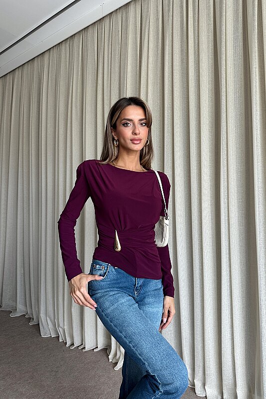 Vatkalı Aksesuar Detaylı Uzun Kollu Bluz - Mürdüm - 3