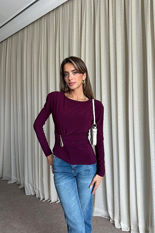 Vatkalı Aksesuar Detaylı Uzun Kollu Bluz - Mürdüm - 4
